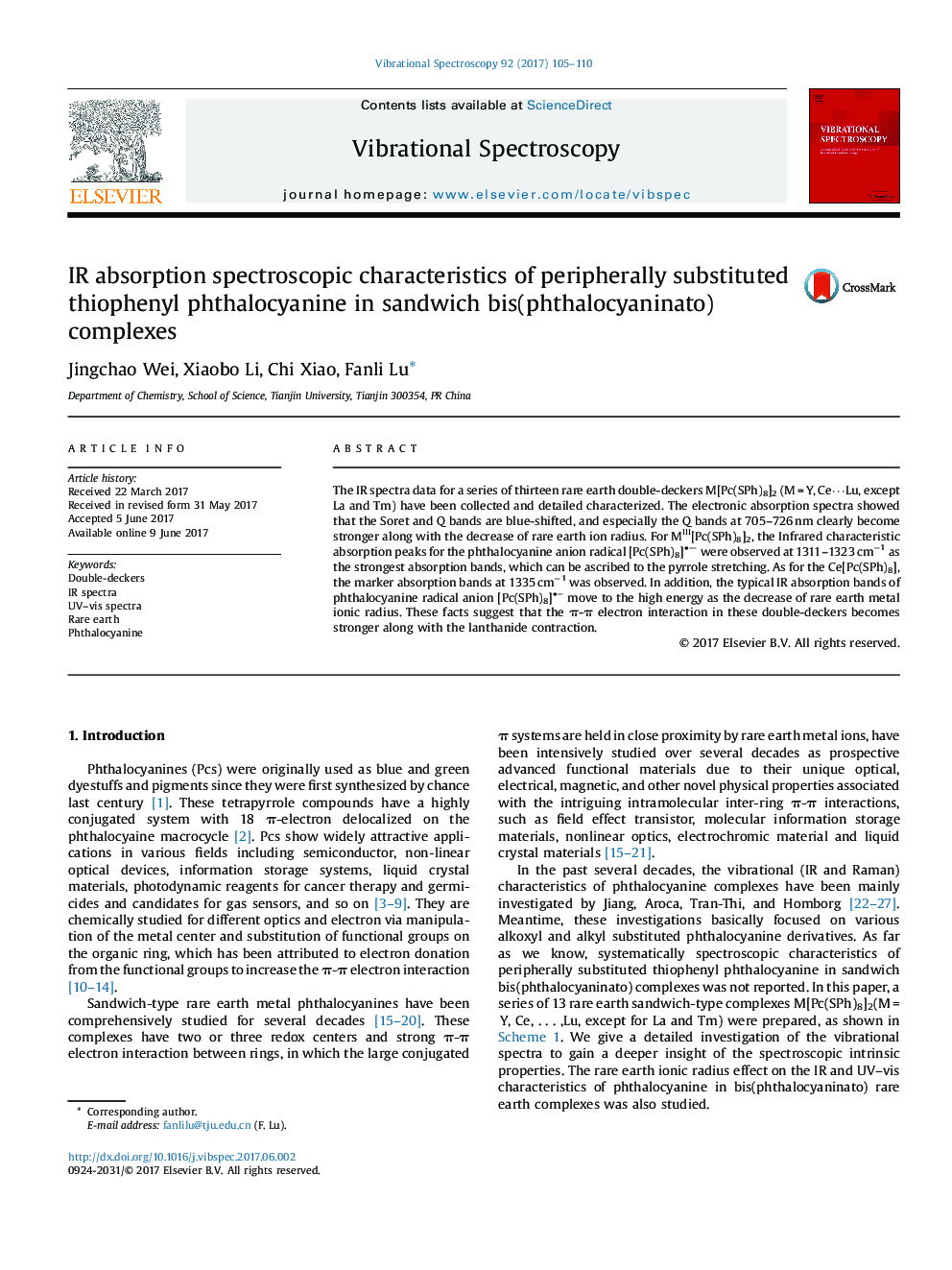 IR absorption spectroscopic characteristics of peripherally substituted thiophenyl phthalocyanine in sandwich bis(phthalocyaninato) complexes