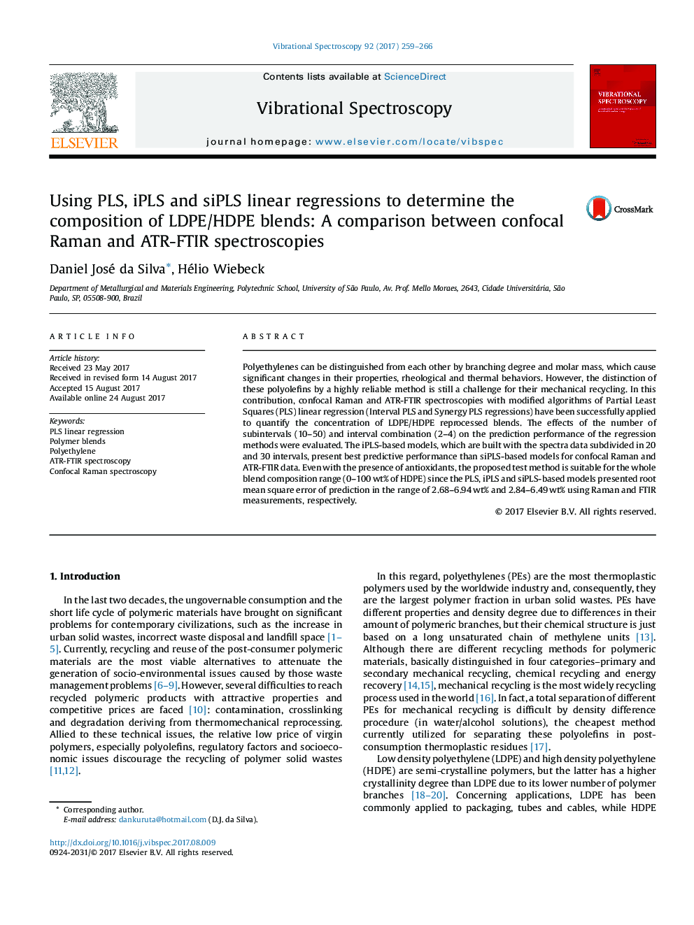 Using PLS, iPLS and siPLS linear regressions to determine the composition of LDPE/HDPE blends: A comparison between confocal Raman and ATR-FTIR spectroscopies