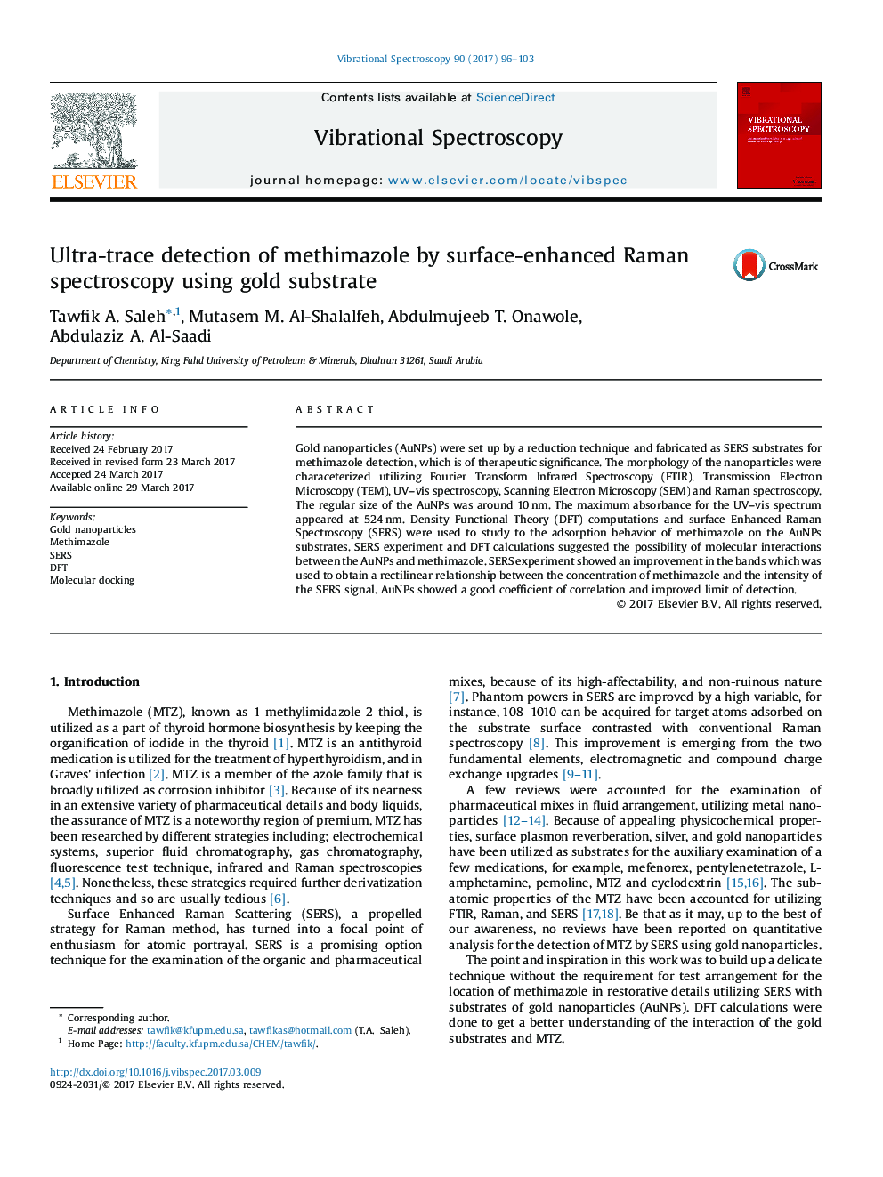 Ultra-trace detection of methimazole by surface-enhanced Raman spectroscopy using gold substrate