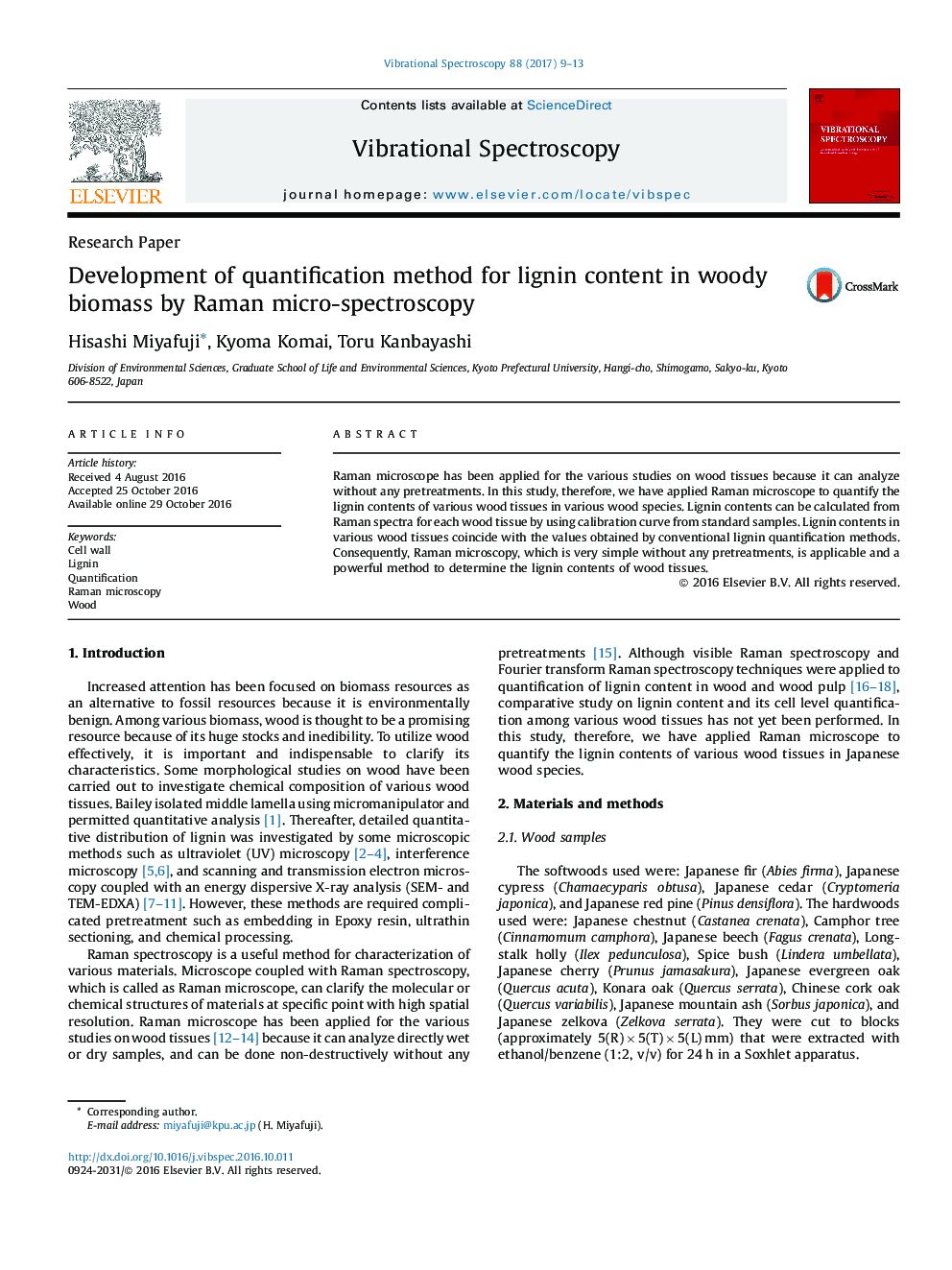 Development of quantification method for lignin content in woody biomass by Raman micro-spectroscopy