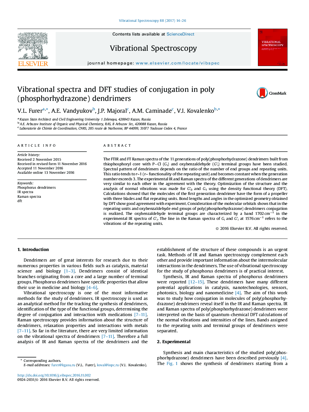 عکس صفحه اول مقاله: Vibrational spectra and DFT studies of conjugation in poly(phosphorhydrazone) dendrimers Vibrational spectra and DFT studies of conjugation in poly(phosphorhydrazone) dendrimers