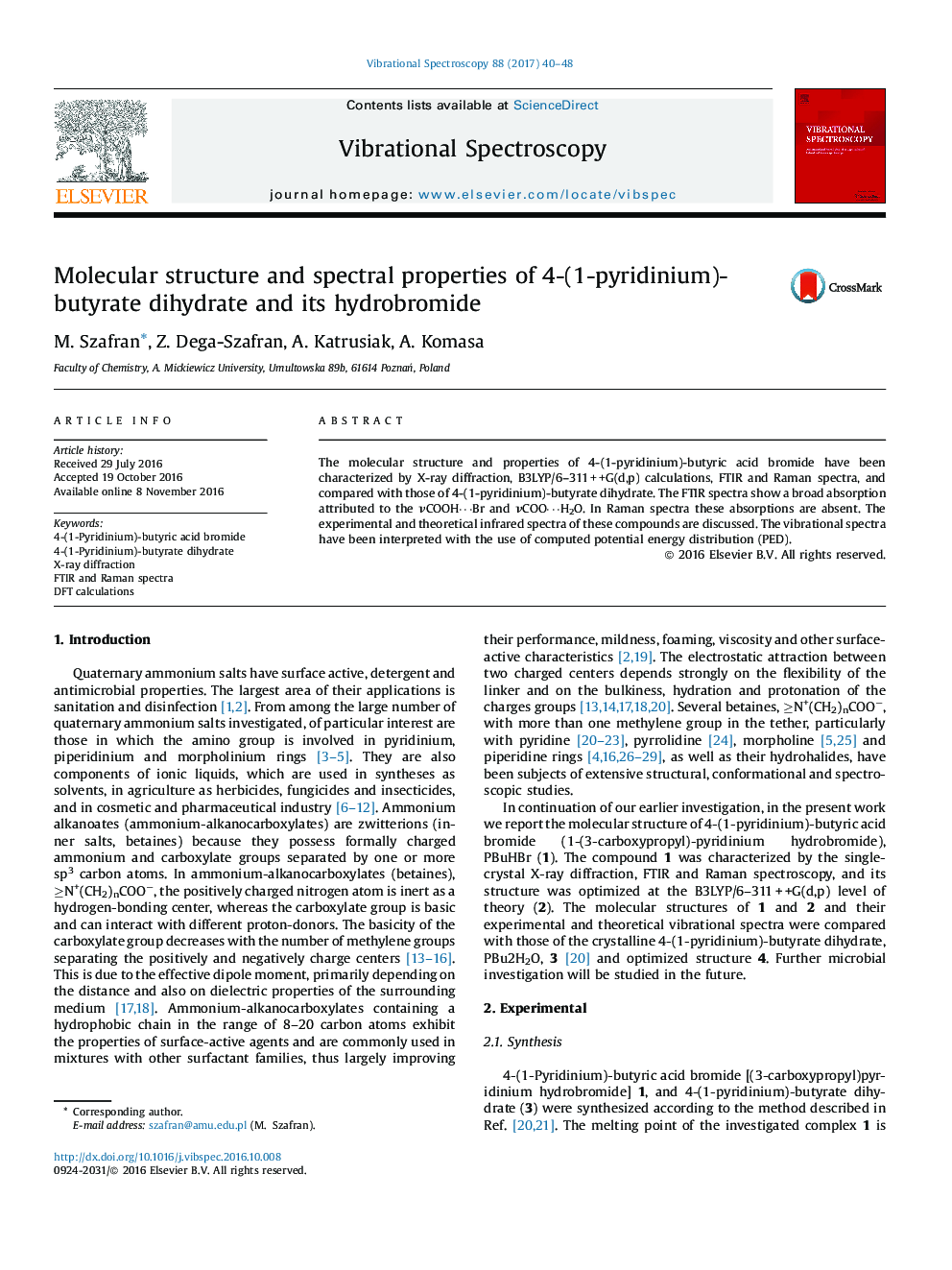 Molecular structure and spectral properties of 4-(1-pyridinium)-butyrate dihydrate and its hydrobromide