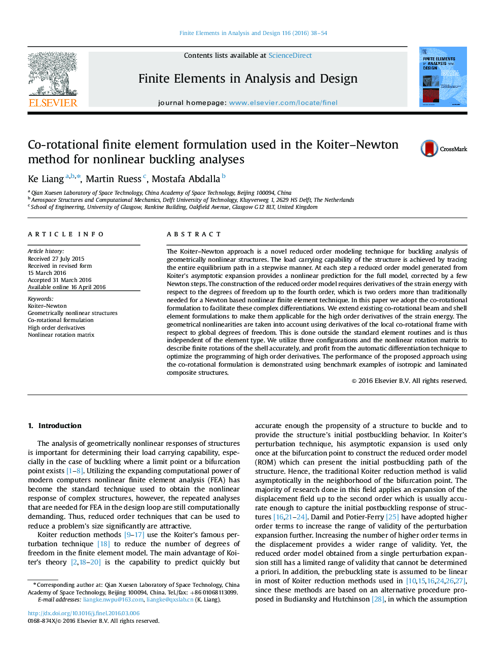 Co-rotational finite element formulation used in the Koiter–Newton method for nonlinear buckling analyses