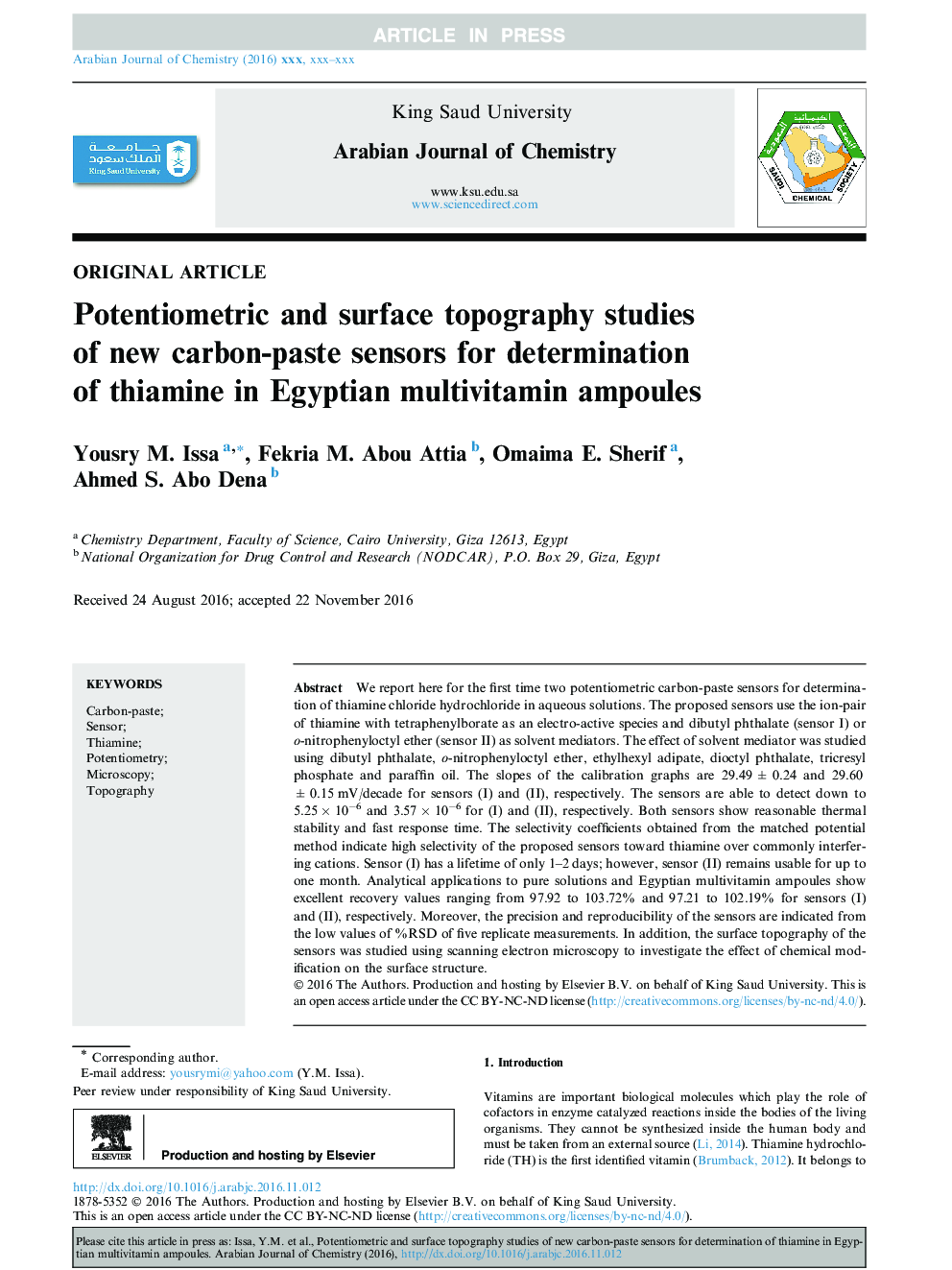 Potentiometric and surface topography studies of new carbon-paste sensors for determination of thiamine in Egyptian multivitamin ampoules