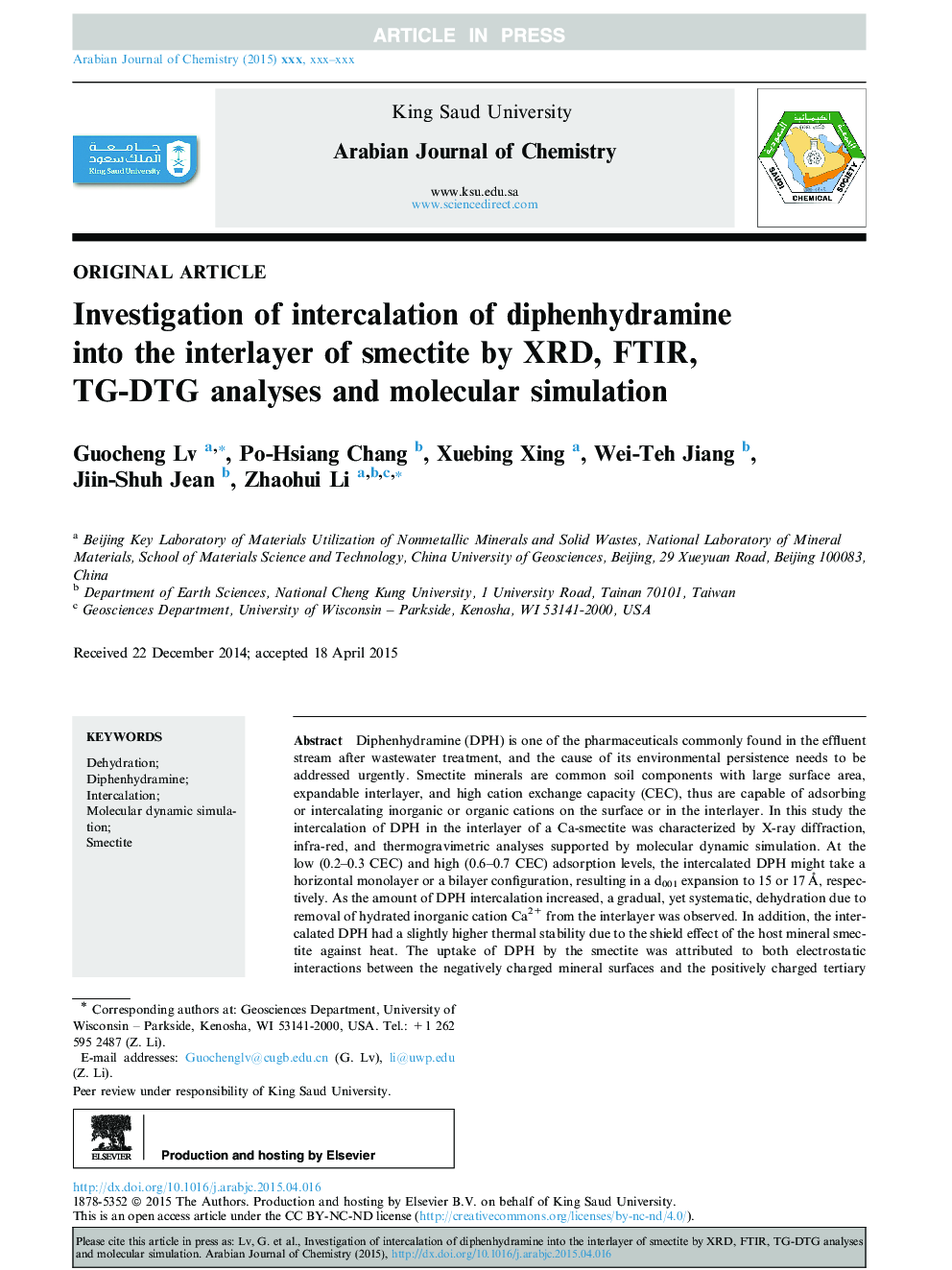 Investigation of intercalation of diphenhydramine into the interlayer of smectite by XRD, FTIR, TG-DTG analyses and molecular simulation