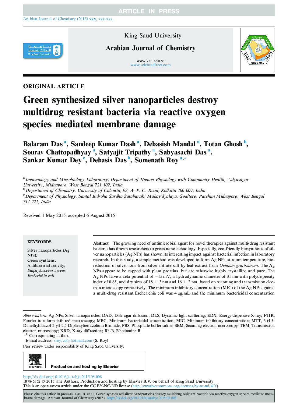 Green synthesized silver nanoparticles destroy multidrug resistant bacteria via reactive oxygen species mediated membrane damage