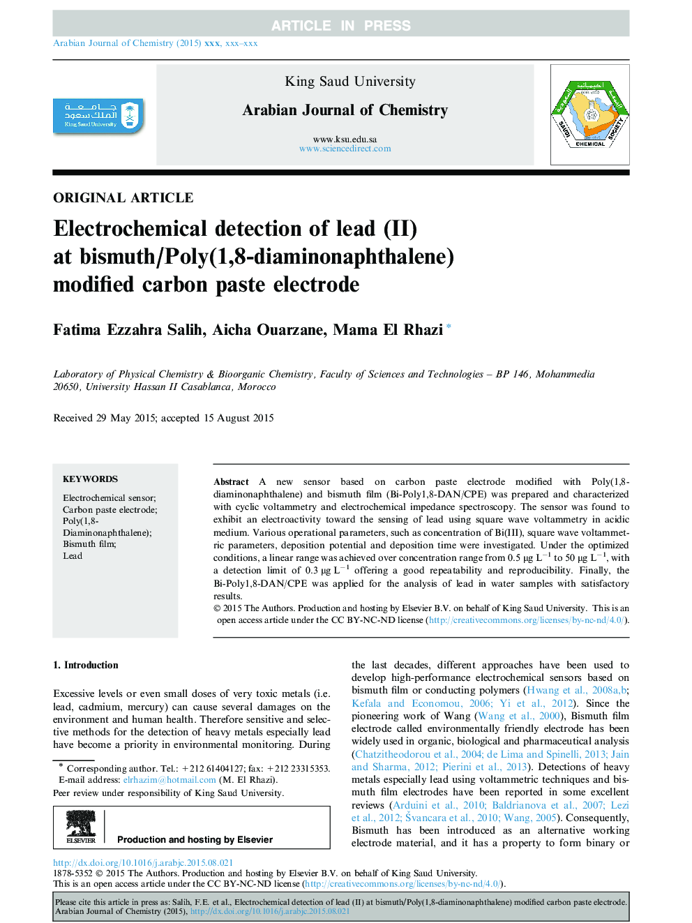 Electrochemical detection of lead (II) at bismuth/Poly(1,8-diaminonaphthalene) modified carbon paste electrode