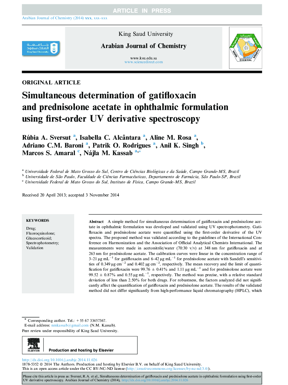 Simultaneous determination of gatifloxacin and prednisolone acetate in ophthalmic formulation using first-order UV derivative spectroscopy