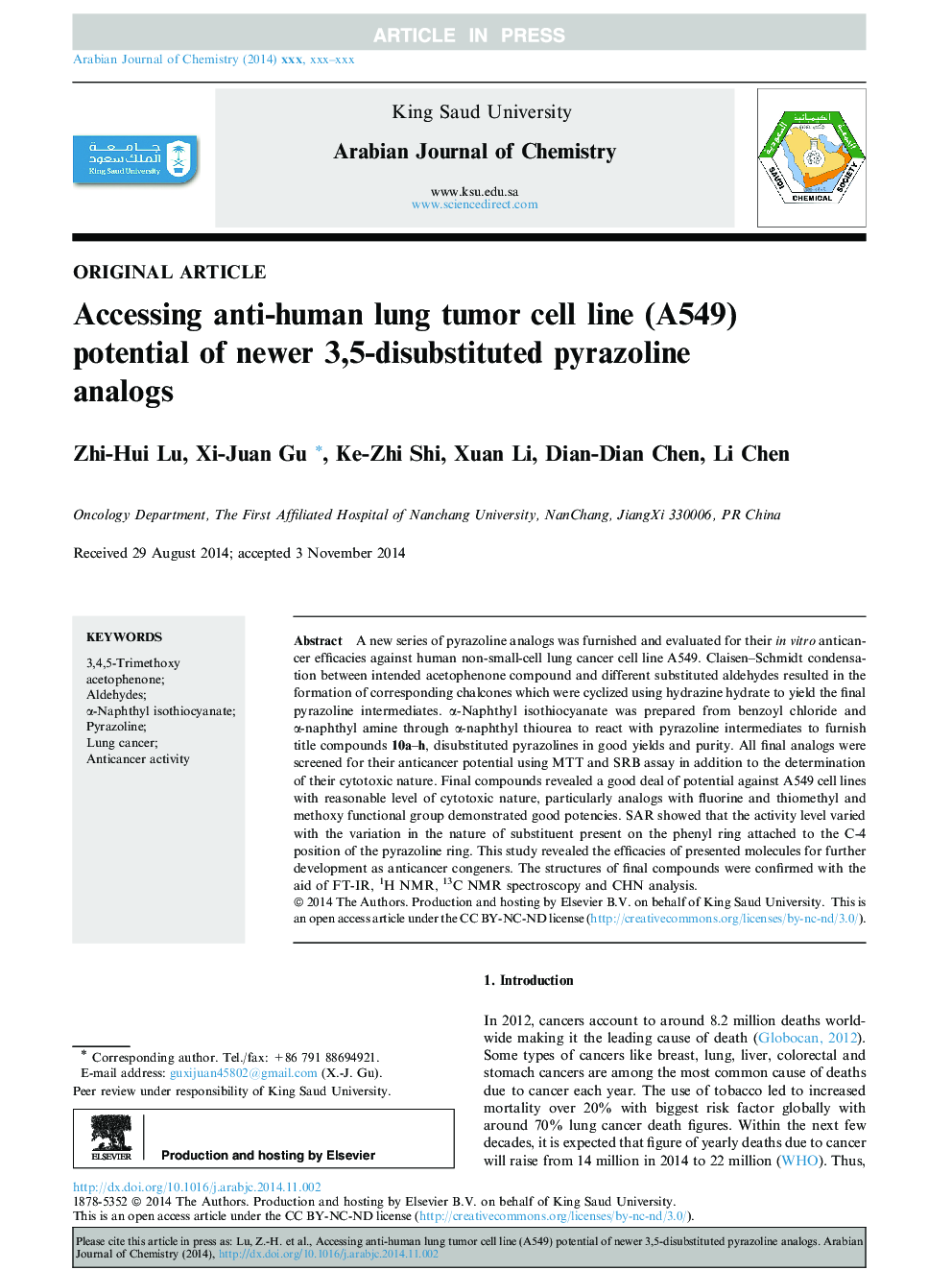 Accessing anti-human lung tumor cell line (A549) potential of newer 3,5-disubstituted pyrazoline analogs