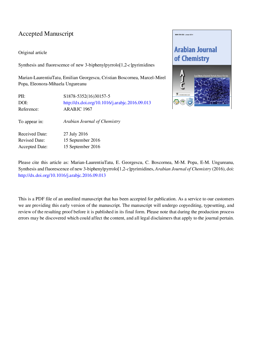 Synthesis and fluorescence of new 3-biphenylpyrrolo[1,2-c]pyrimidines