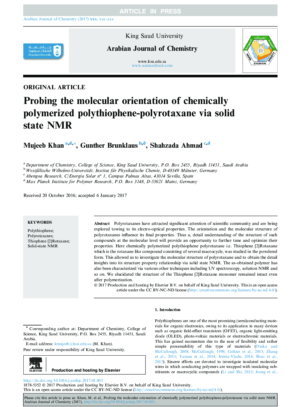 Probing the molecular orientation of chemically polymerized polythiophene-polyrotaxane via solid state NMR