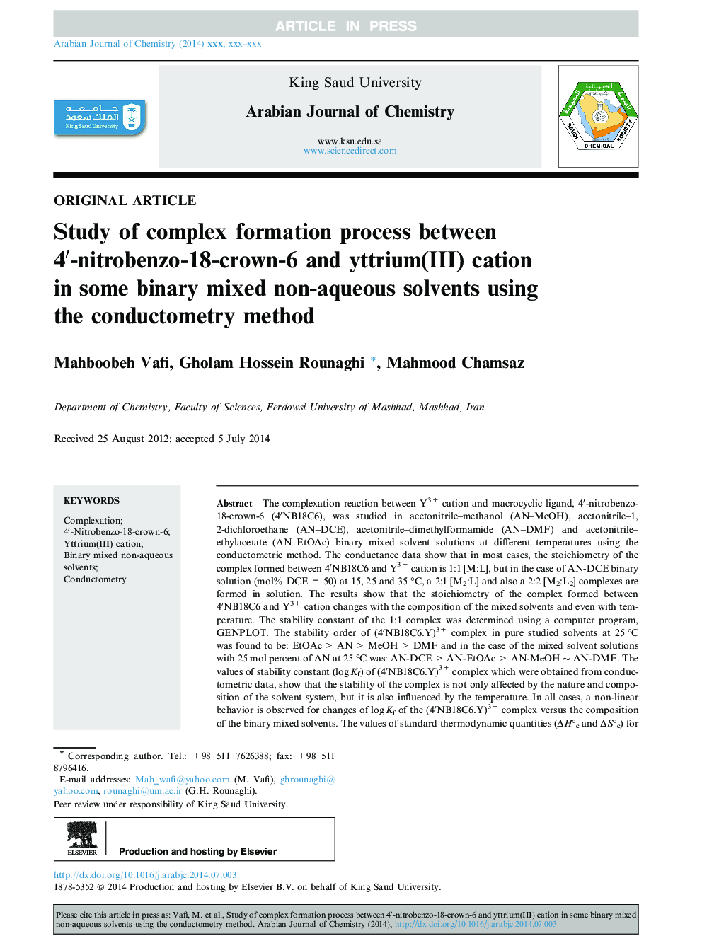 Study of complex formation process between 4â²-nitrobenzo-18-crown-6 and yttrium(III) cation in some binary mixed non-aqueous solvents using the conductometry method