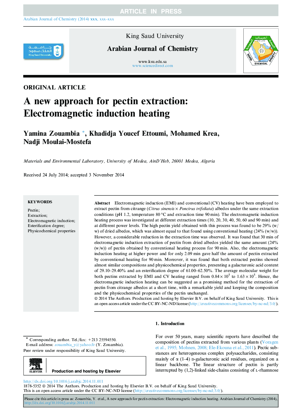 A new approach for pectin extraction: Electromagnetic induction heating