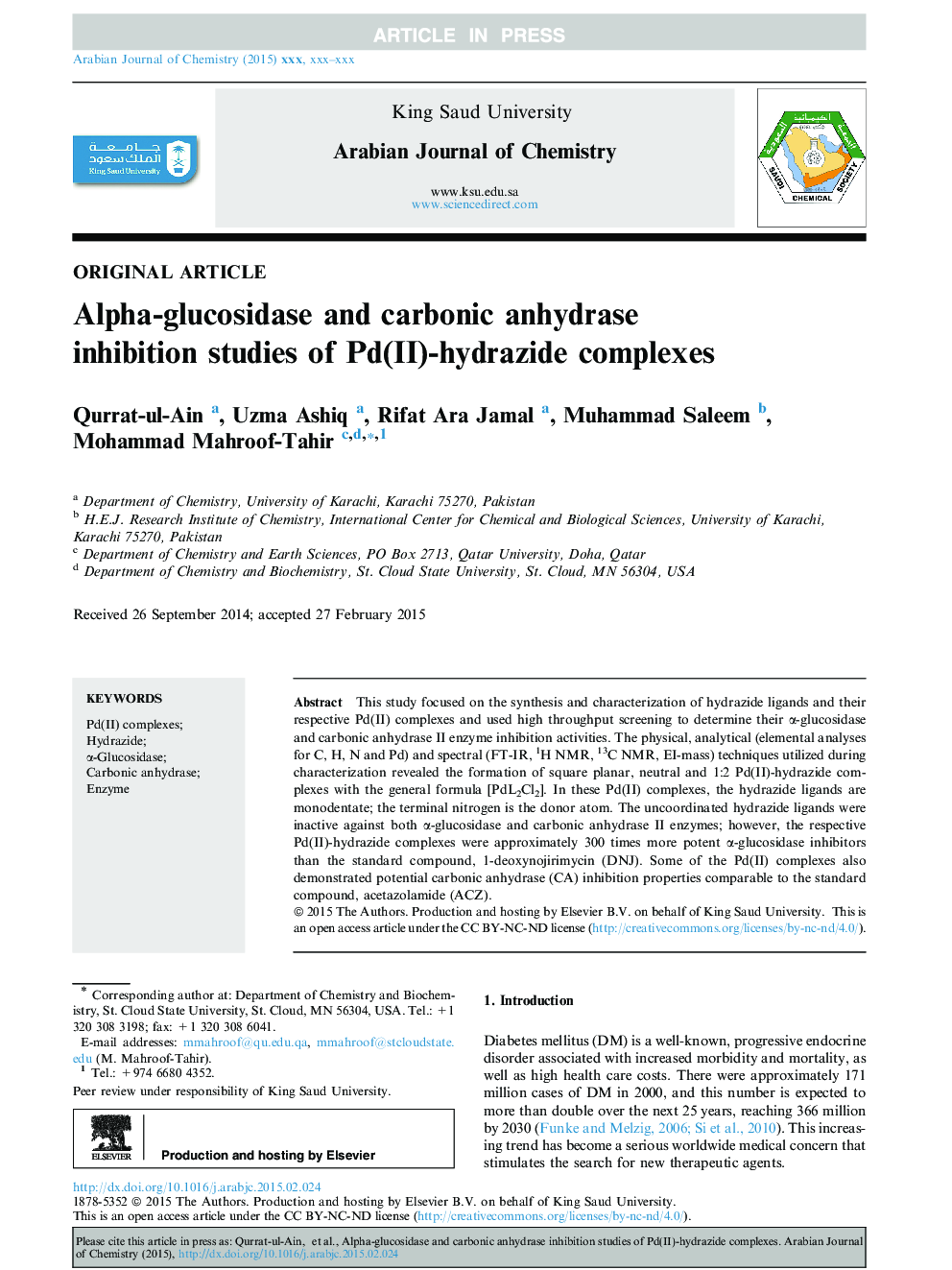 Alpha-glucosidase and carbonic anhydrase inhibition studies of Pd(II)-hydrazide complexes