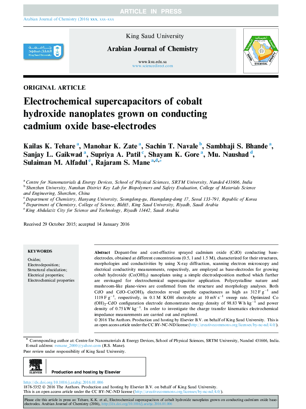 Electrochemical supercapacitors of cobalt hydroxide nanoplates grown on conducting cadmium oxide base-electrodes