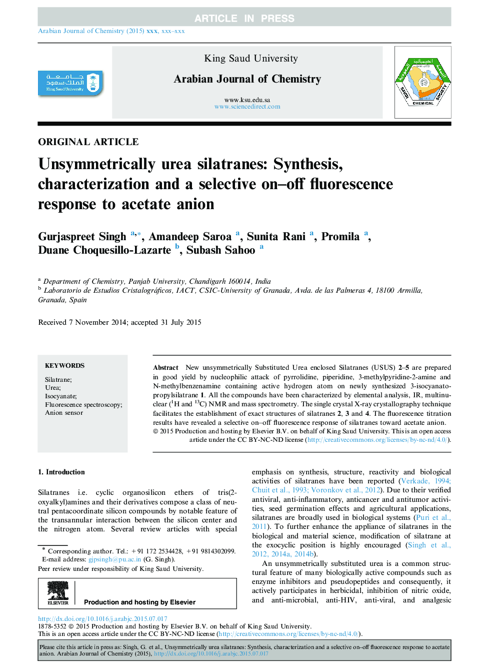 Unsymmetrically urea silatranes: Synthesis, characterization and a selective on-off fluorescence response to acetate anion