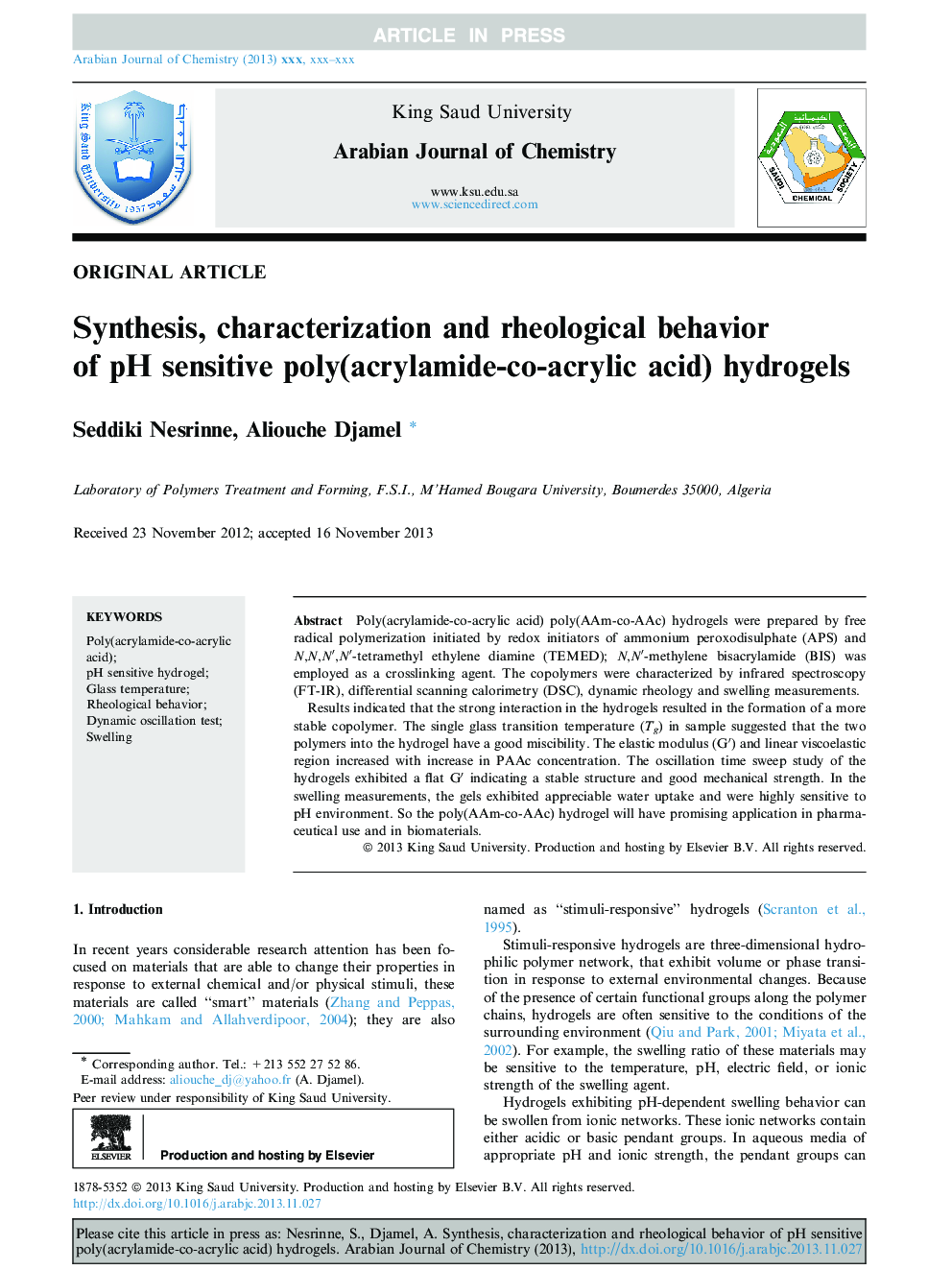 Synthesis, characterization and rheological behavior of pH sensitive poly(acrylamide-co-acrylic acid) hydrogels