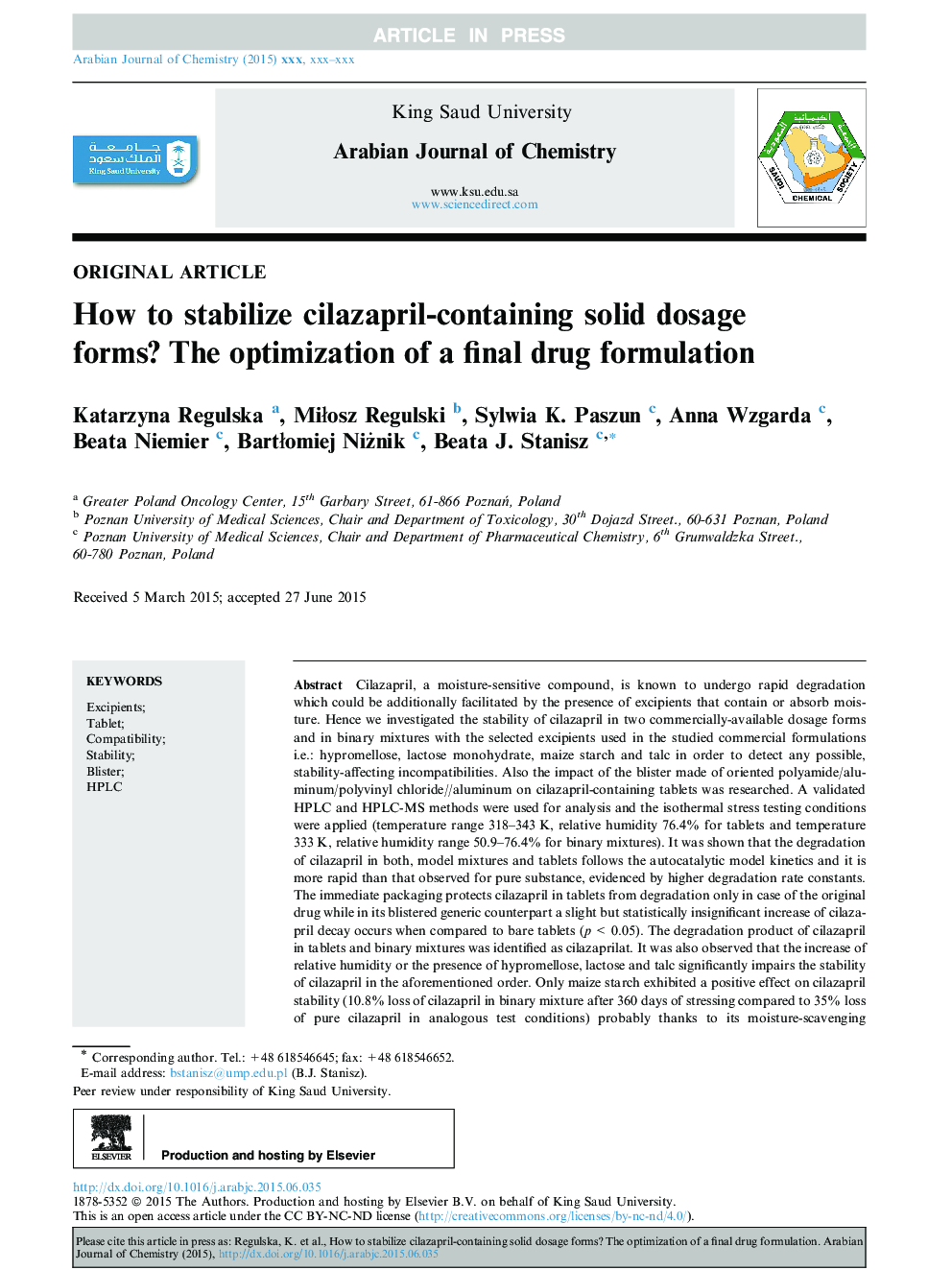 How to stabilize cilazapril-containing solid dosage forms? The optimization of a final drug formulation