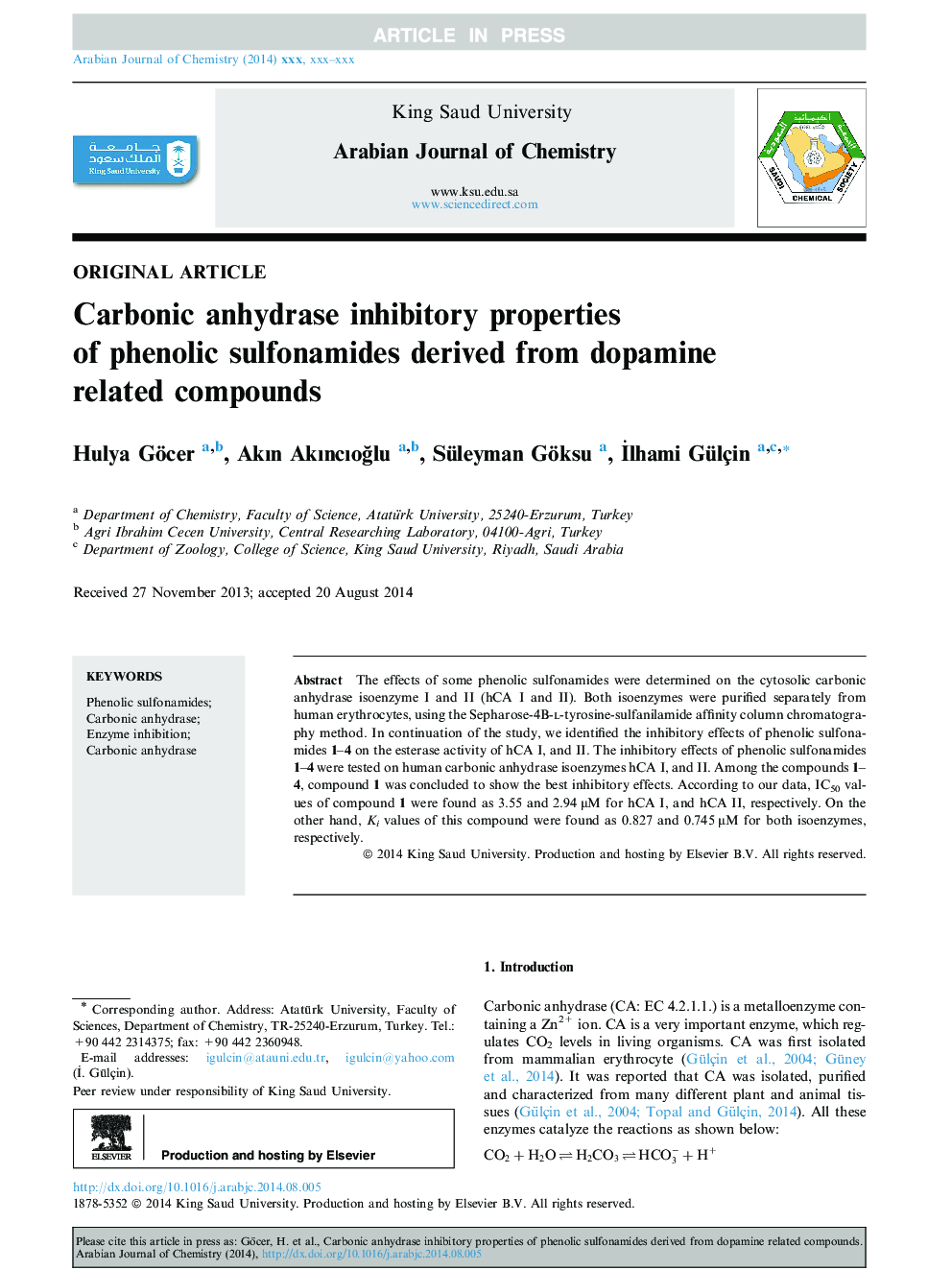 Carbonic anhydrase inhibitory properties of phenolic sulfonamides derived from dopamine related compounds