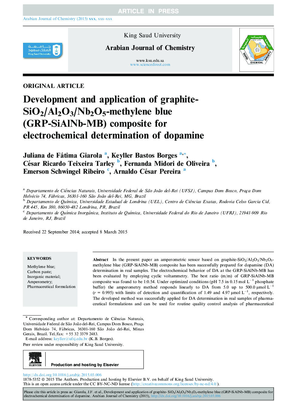 Development and application of graphite-SiO2/Al2O3/Nb2O5-methylene blue (GRP-SiAlNb-MB) composite for electrochemical determination of dopamine