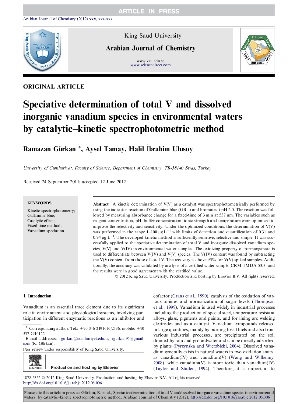 Speciative determination of total V and dissolved inorganic vanadium species in environmental waters by catalytic-kinetic spectrophotometric method