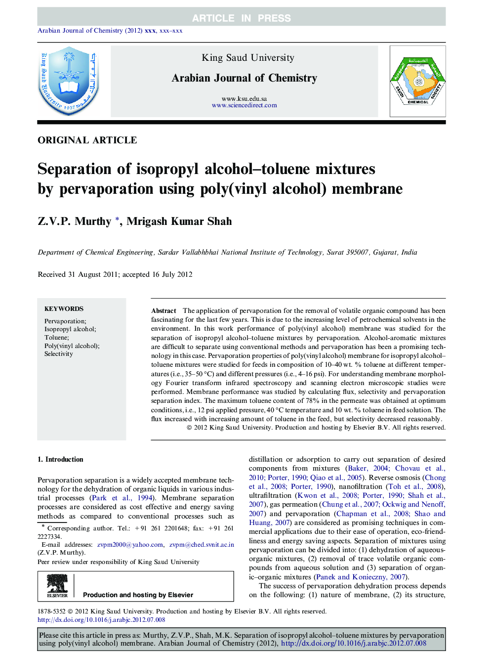 Separation of isopropyl alcohol-toluene mixtures by pervaporation using poly(vinyl alcohol) membrane