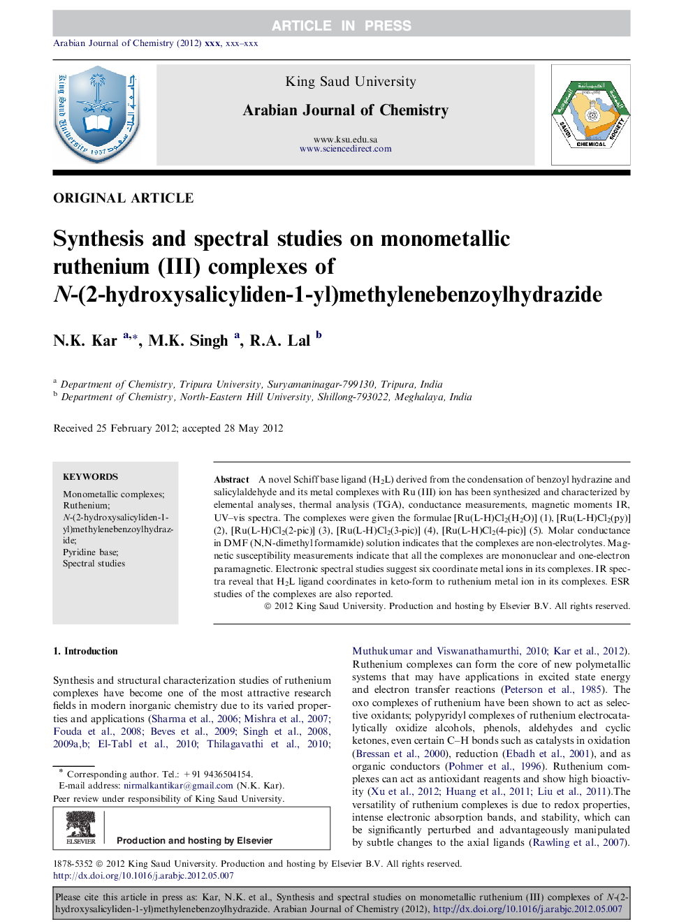 Synthesis and spectral studies on monometallic ruthenium (III) complexes of N-(2-hydroxysalicyliden-1-yl)methylenebenzoylhydrazide