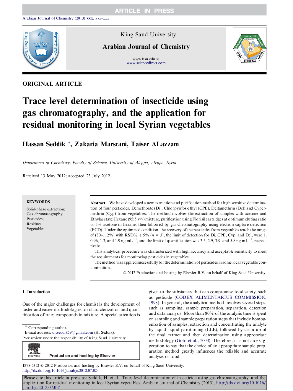 Trace level determination of insecticide using gas chromatography, and the application for residual monitoring in local Syrian vegetables