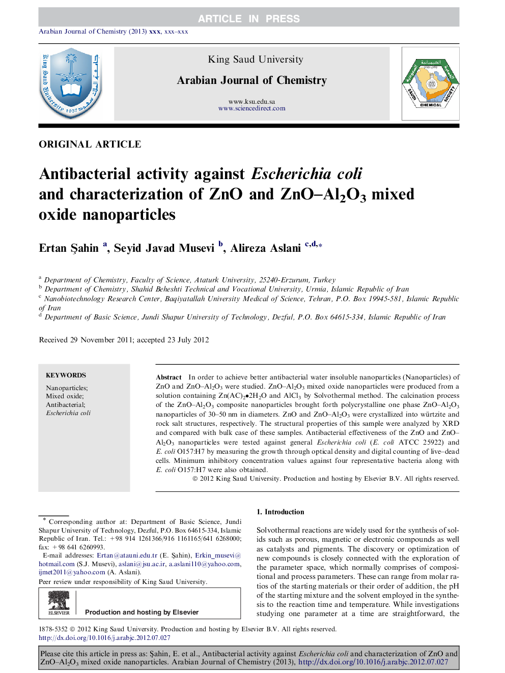 Antibacterial activity against Escherichia coli and characterization of ZnO and ZnO-Al2O3 mixed oxide nanoparticles