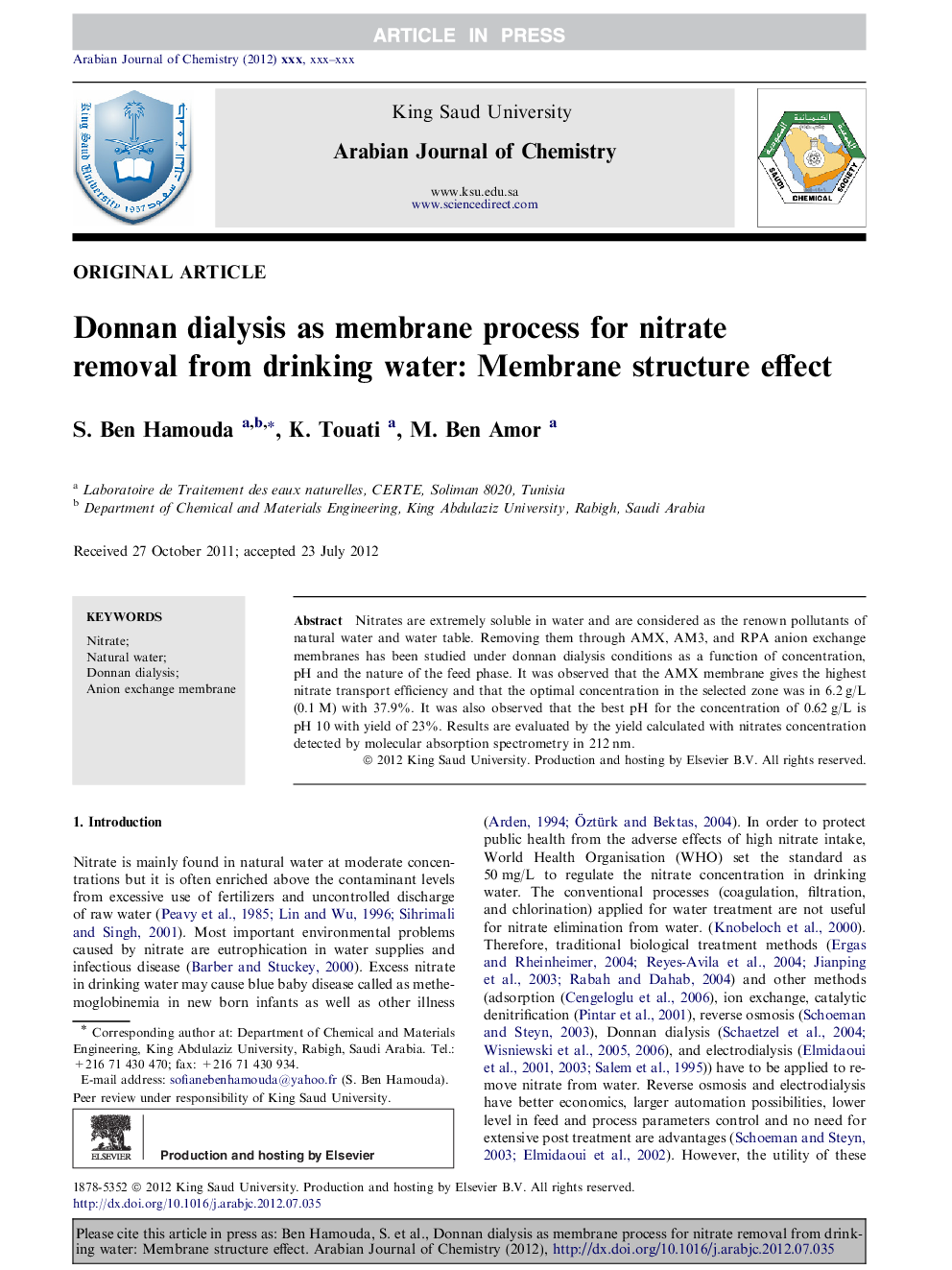 Donnan dialysis as membrane process for nitrate removal from drinking water: Membrane structure effect