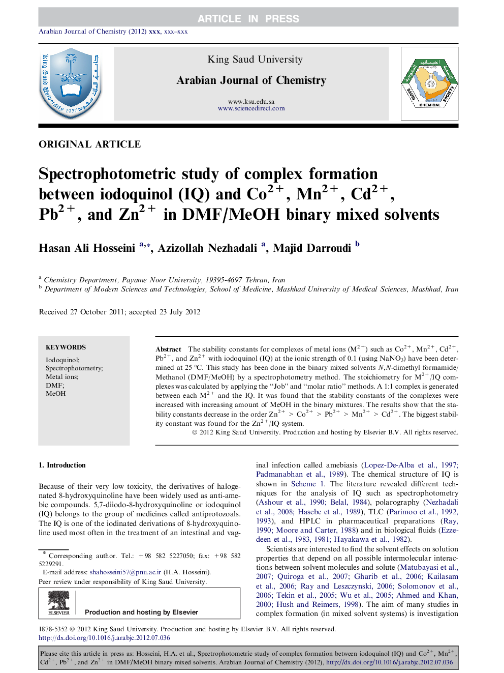 Spectrophotometric study of complex formation between iodoquinol (IQ) and Co2+, Mn2+, Cd2+, Pb2+, and Zn2+ in DMF/MeOH binary mixed solvents