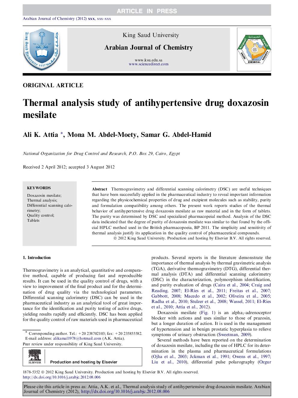 Thermal analysis study of antihypertensive drug doxazosin mesilate