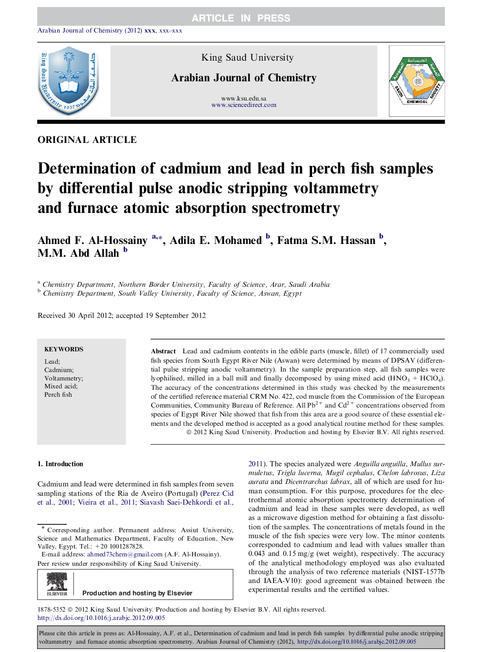 Determination of cadmium and lead in perch fish samples by differential pulse anodic stripping voltammetry and furnace atomic absorption spectrometry