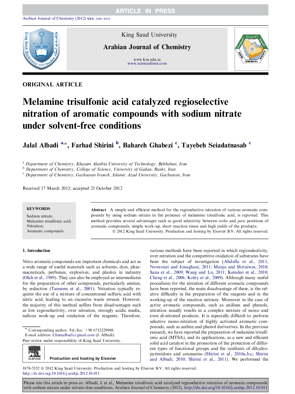 Melamine trisulfonic acid catalyzed regioselective nitration of aromatic compounds with sodium nitrate under solvent-free conditions