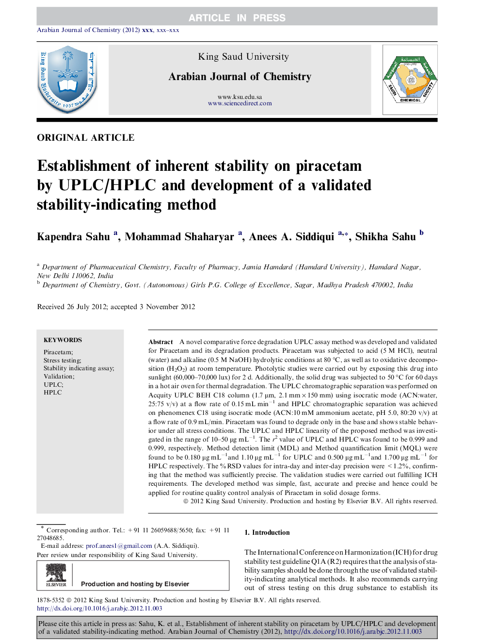 Establishment of inherent stability on piracetam by UPLC/HPLC and development of a validated stability-indicating method