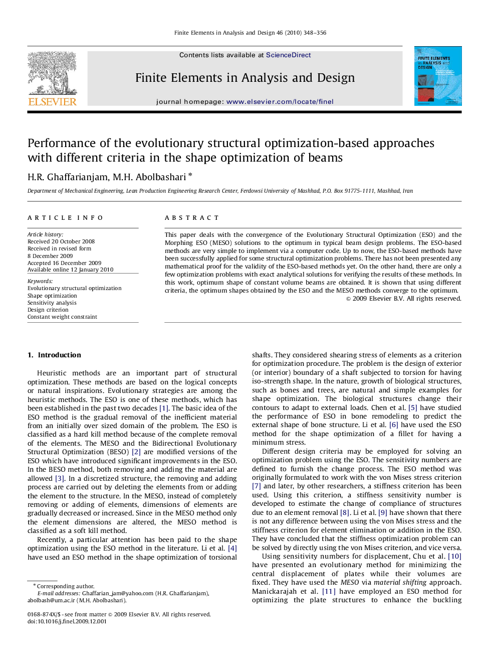 Performance of the evolutionary structural optimization-based approaches with different criteria in the shape optimization of beams