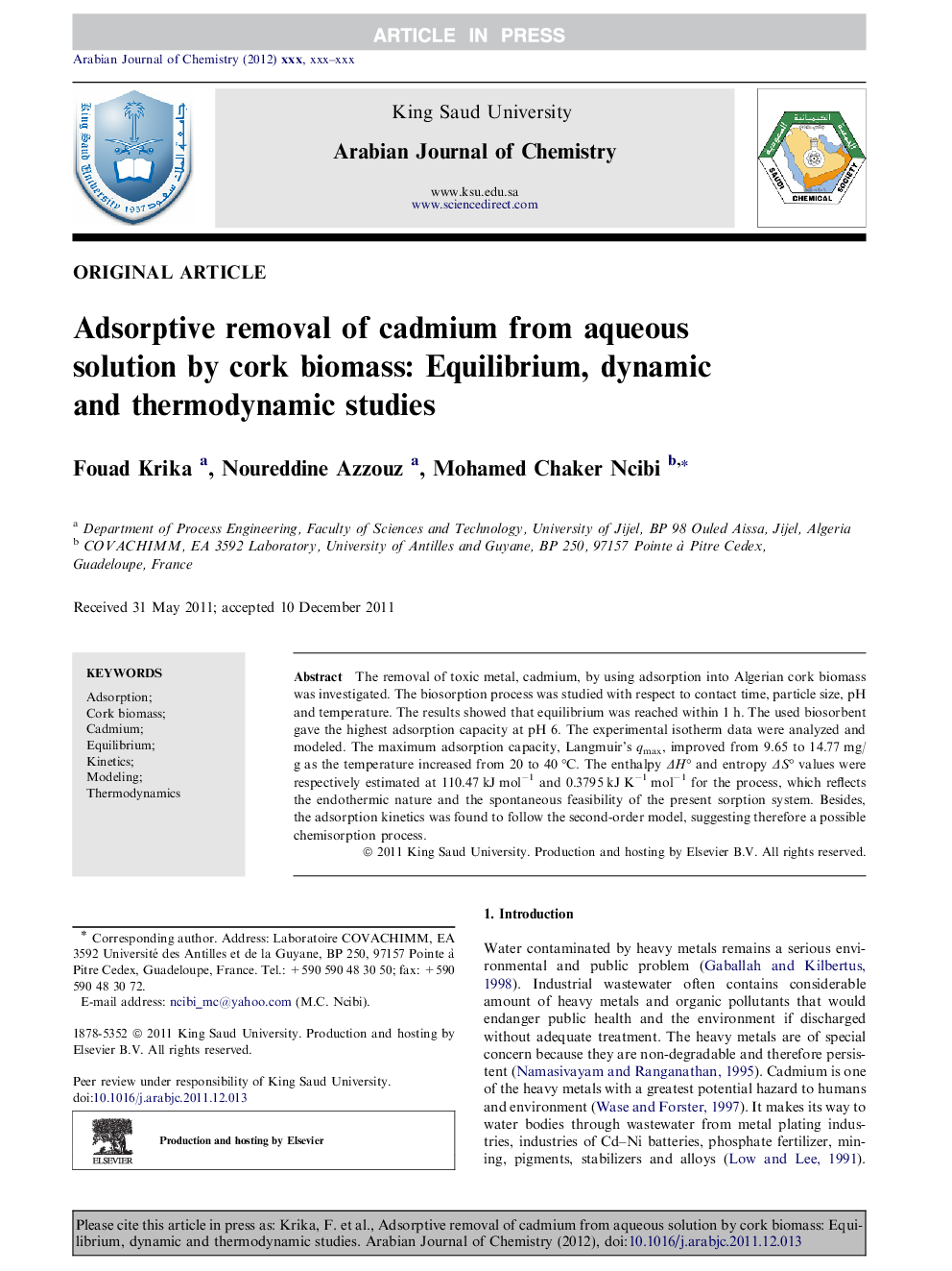 Adsorptive removal of cadmium from aqueous solution by cork biomass: Equilibrium, dynamic and thermodynamic studies