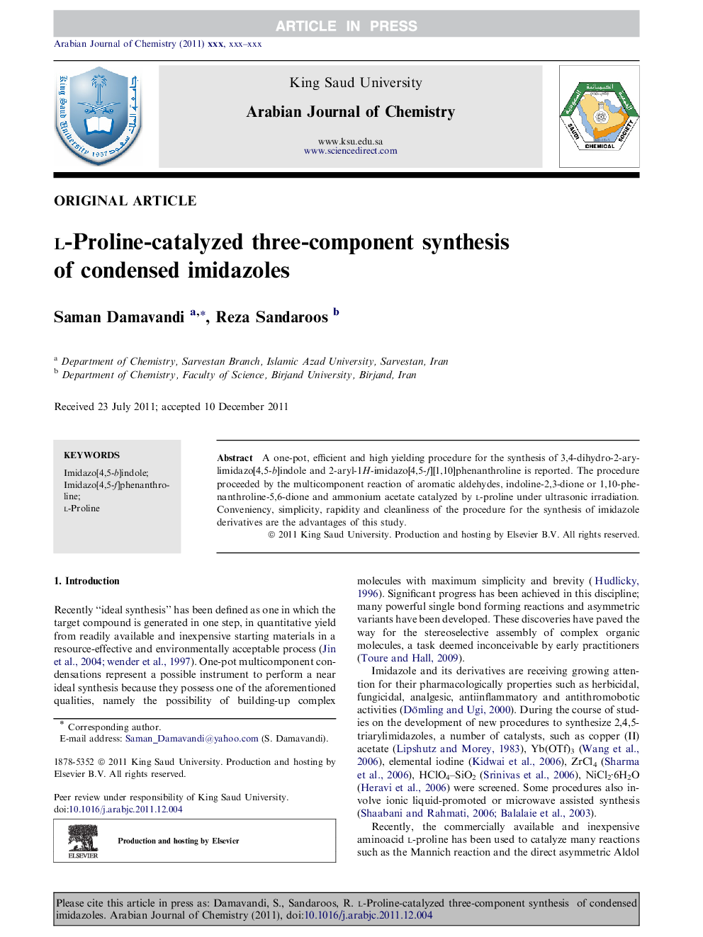 l-Proline-catalyzed three-component synthesis of condensed imidazoles