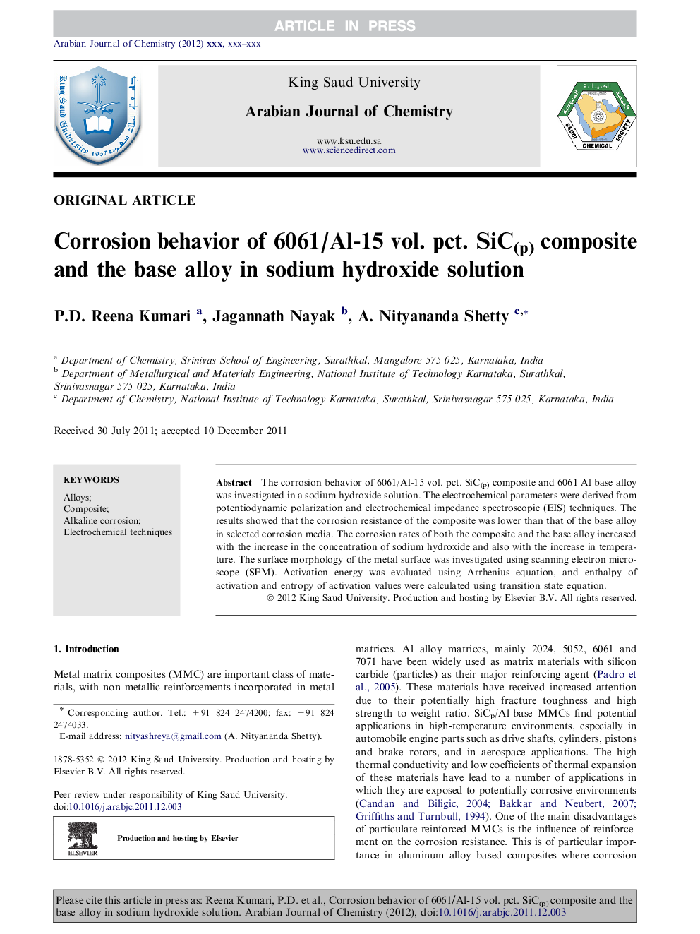 Corrosion behavior of 6061/Al-15 vol. pct. SiC(p) composite and the base alloy in sodium hydroxide solution