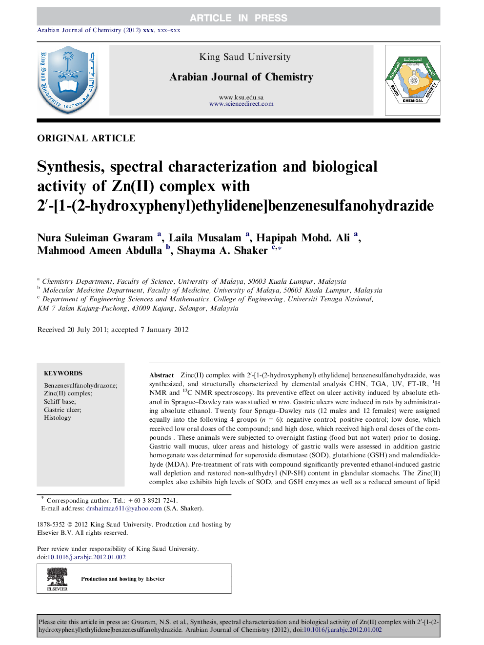 Synthesis, spectral characterization and biological activity of Zn(II) complex with 2â²-[1-(2-hydroxyphenyl)ethylidene]benzenesulfanohydrazide