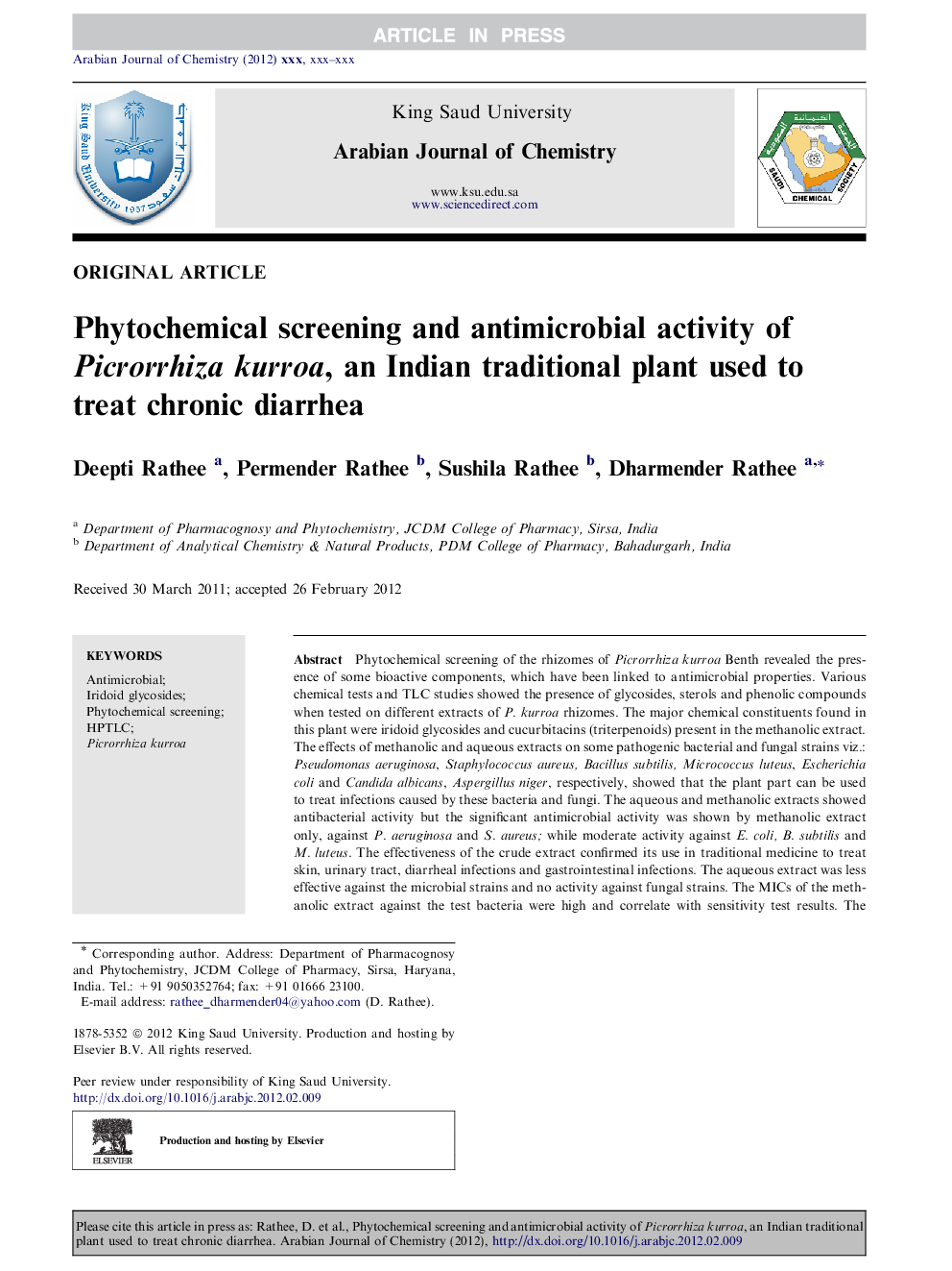 Phytochemical screening and antimicrobial activity of Picrorrhiza kurroa, an Indian traditional plant used to treat chronic diarrhea