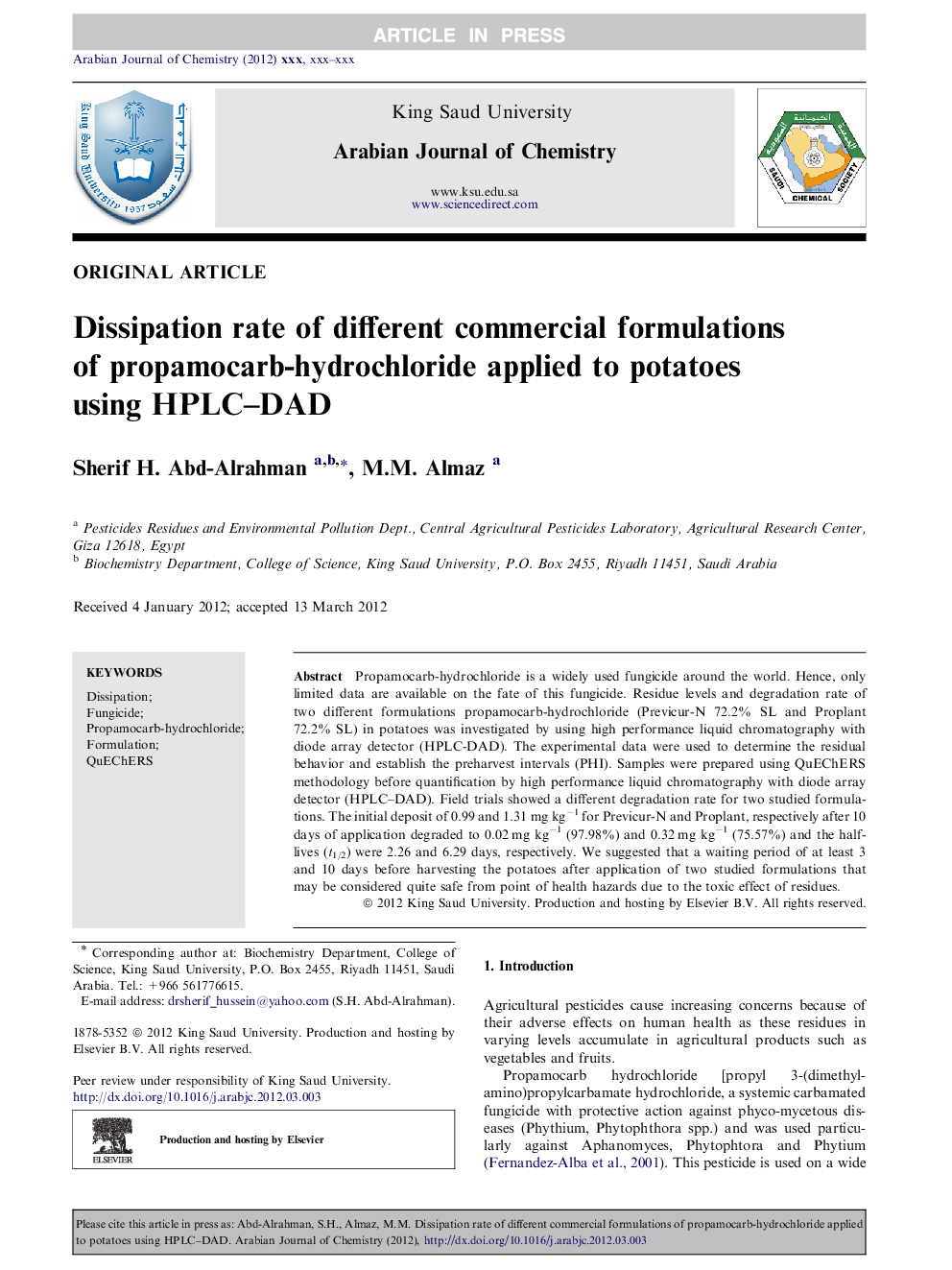 Dissipation rate of different commercial formulations of propamocarb-hydrochloride applied to potatoes using HPLC-DAD