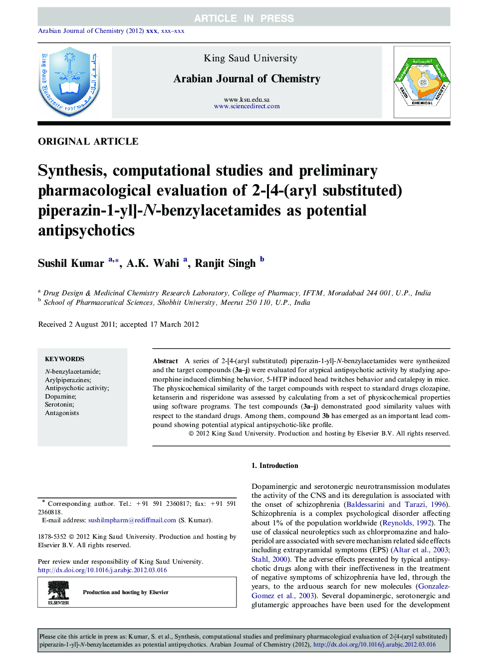 Synthesis, computational studies and preliminary pharmacological evaluation of 2-[4-(aryl substituted) piperazin-1-yl]-N-benzylacetamides as potential antipsychotics