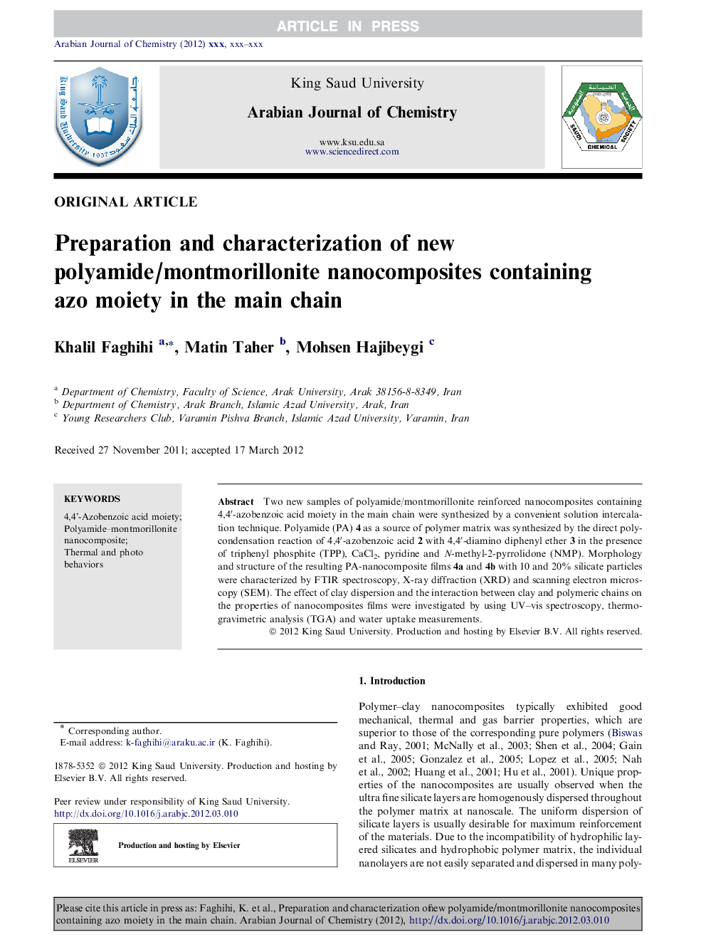 عکس صفحه اول مقاله: Preparation and characterization of new polyamide/montmorillonite nanocomposites containing azo moiety in the main chain Preparation and characterization of new polyamide/montmorillonite nanocomposites containing azo moiety in the main chain