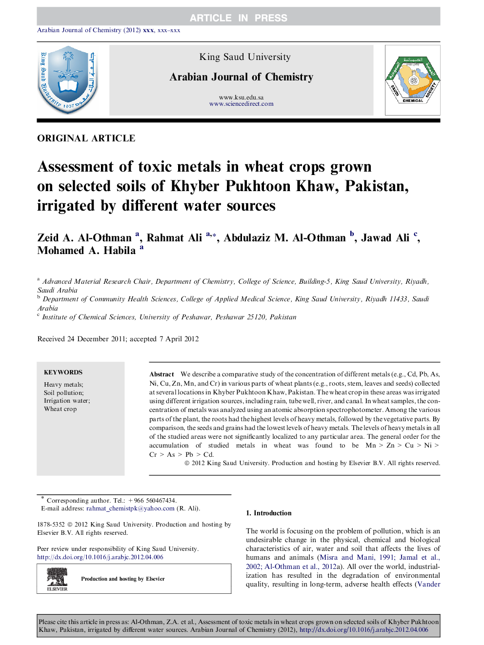 Assessment of toxic metals in wheat crops grown on selected soils, irrigated by different water sources