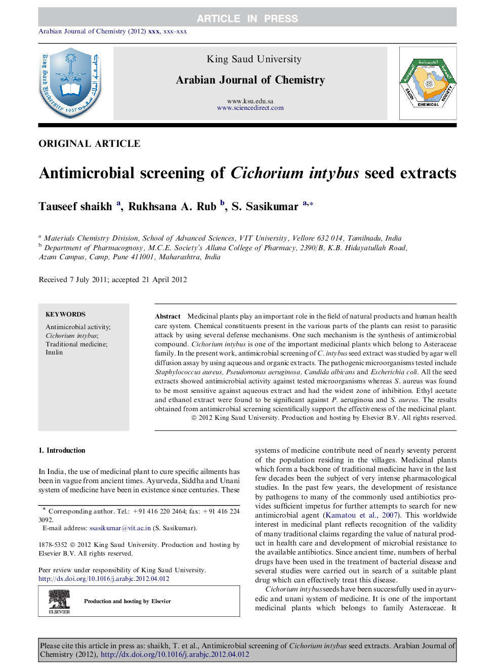 Antimicrobial screening of Cichorium intybus seed extracts