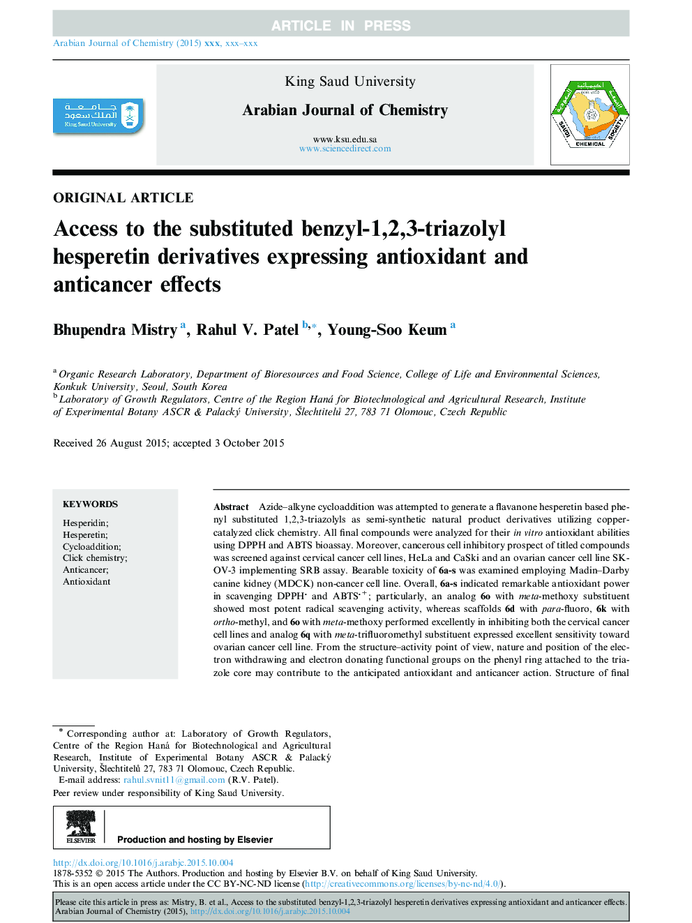 Access to the substituted benzyl-1,2,3-triazolyl hesperetin derivatives expressing antioxidant and anticancer effects