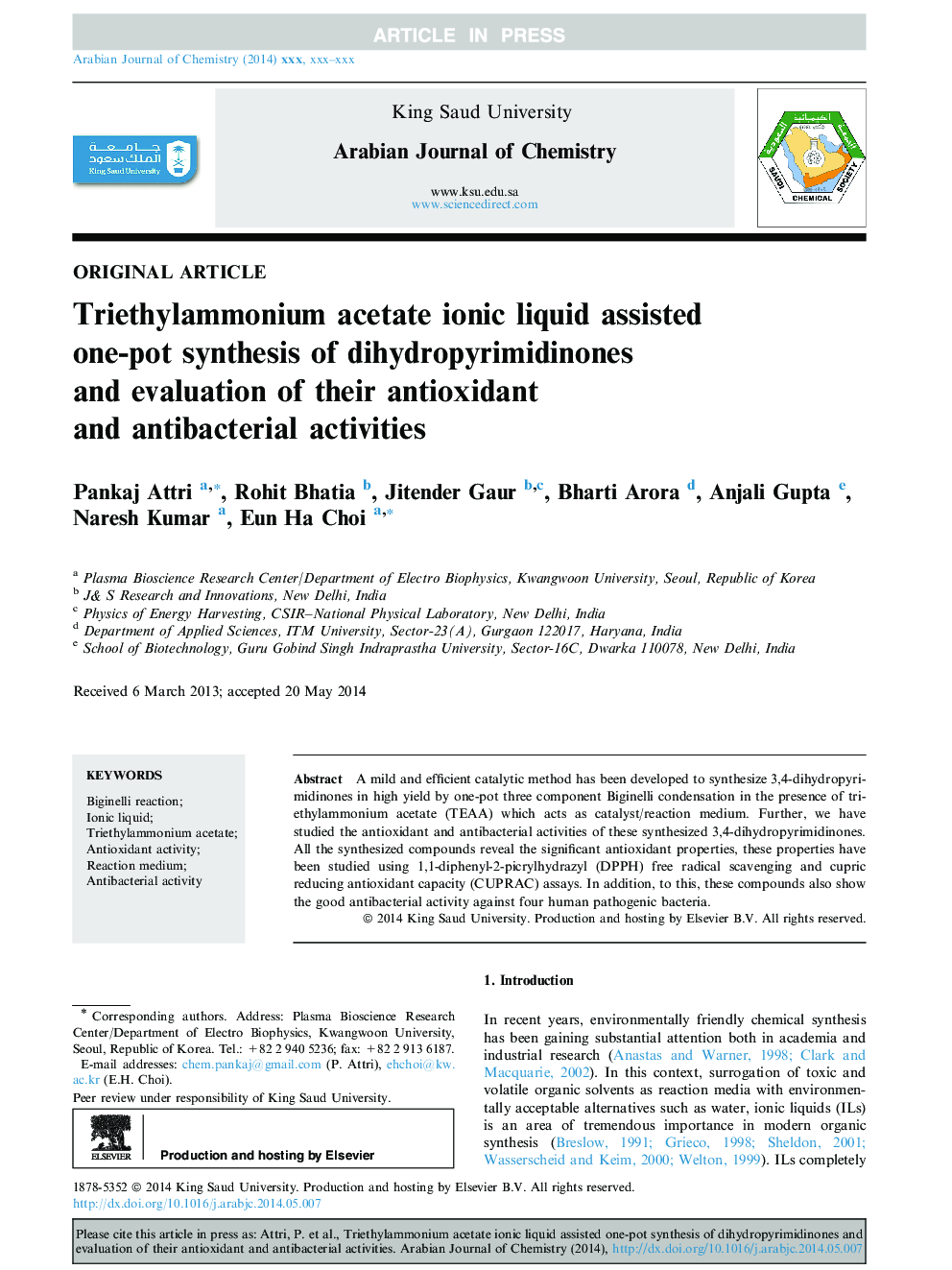 Triethylammonium acetate ionic liquid assisted one-pot synthesis of dihydropyrimidinones and evaluation of their antioxidant and antibacterial activities