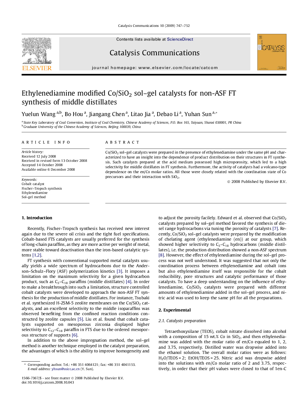 Ethylenediamine modified Co/SiO2 sol–gel catalysts for non-ASF FT synthesis of middle distillates