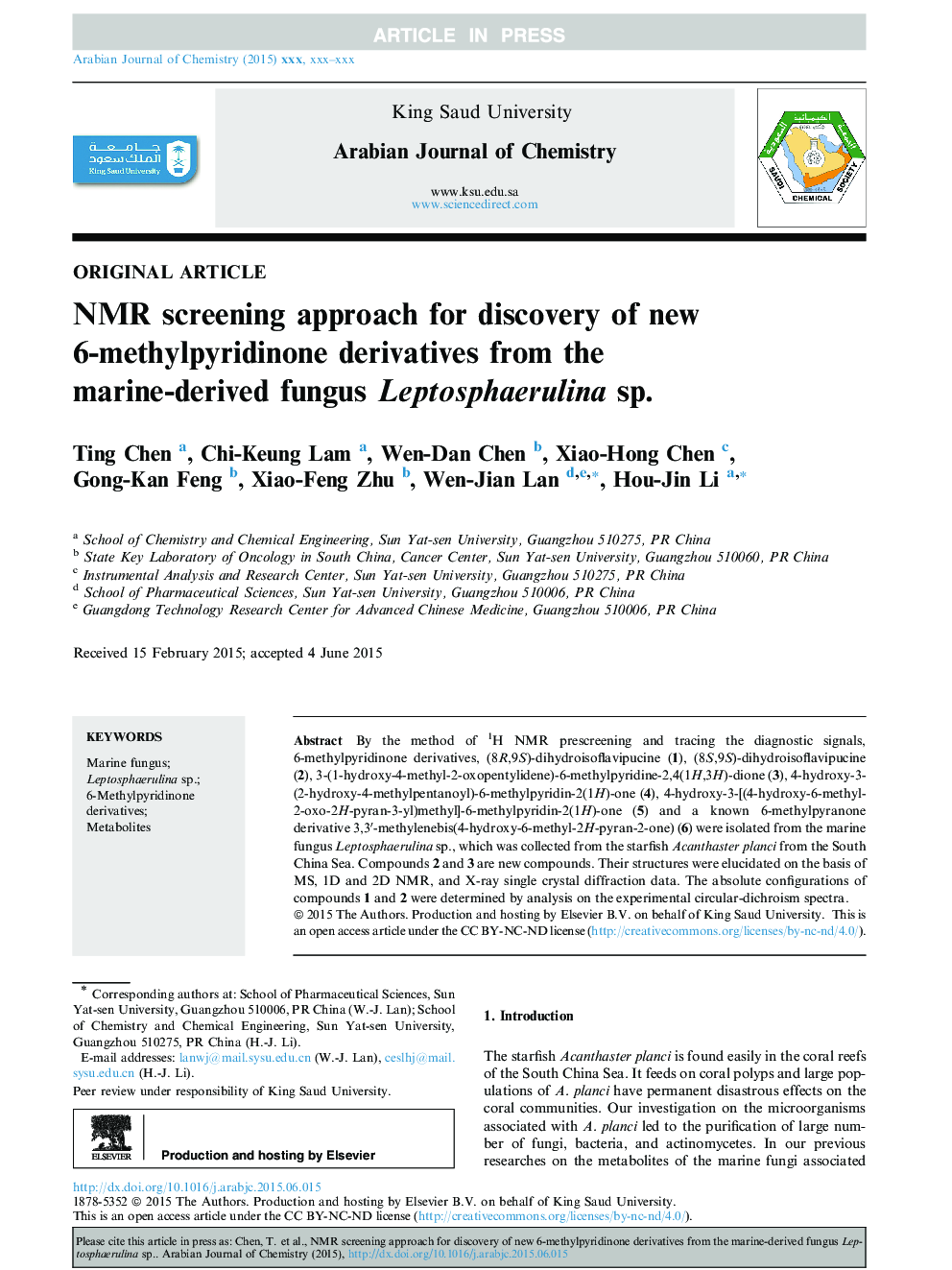NMR screening approach for discovery of new 6-methylpyridinone derivatives from the marine-derived fungus Leptosphaerulina sp.